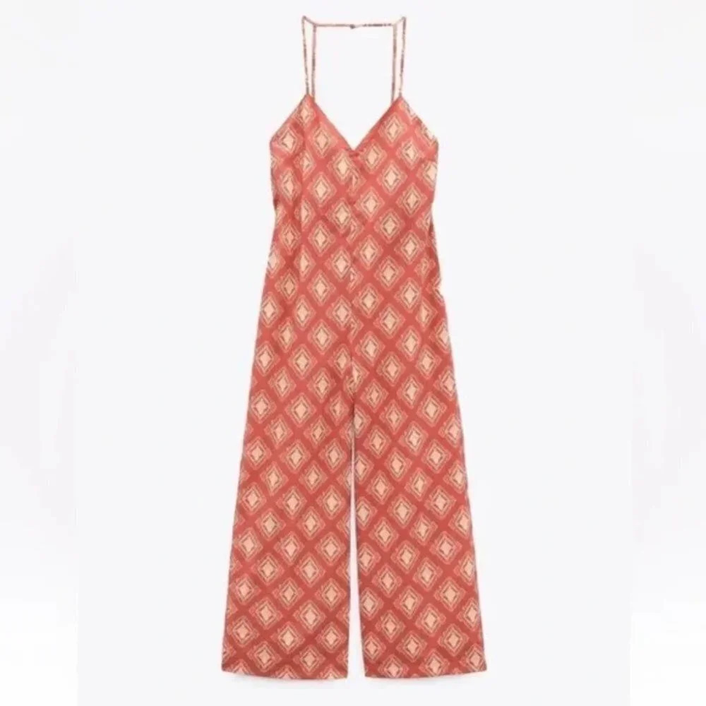 Zara Terracotta Printed Jami Wide Leg Boho Jumpsuit NWT Size XL Blogger Fav - Picture 7 of 12